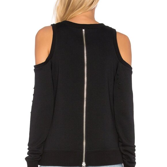 Revolve/ Central Park West Cold Shoulder Distressed Sweatshirt in Black Sz Small - Picture 3 of 5